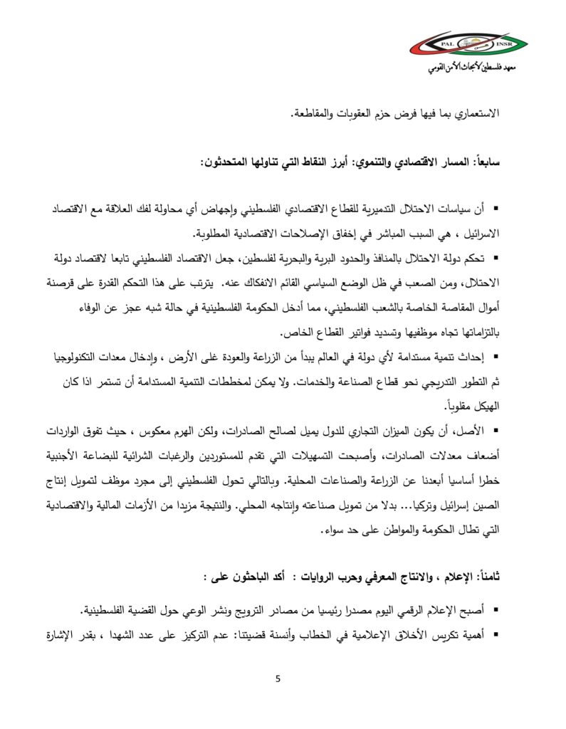 البيان الختامي للمؤتمر الرابع: فلسطين 2025، إلى أين (5)